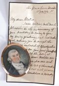 19th Century portrait miniature, with grey hair and rosy cheeks wearing a white waist coat and