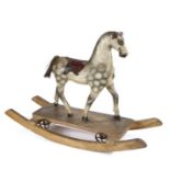 19th Century English toy rocking horse, circa 1870, dapple colour with a leather saddle raised on