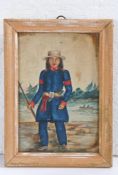 Rare 19th Century primitive watercolour, of an American Indian tracker, the figure dressed in blue