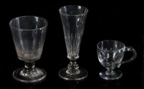 19th Century glass, to include a custard cup with thumb moulding and loop handle, 7.5cm high, an ale