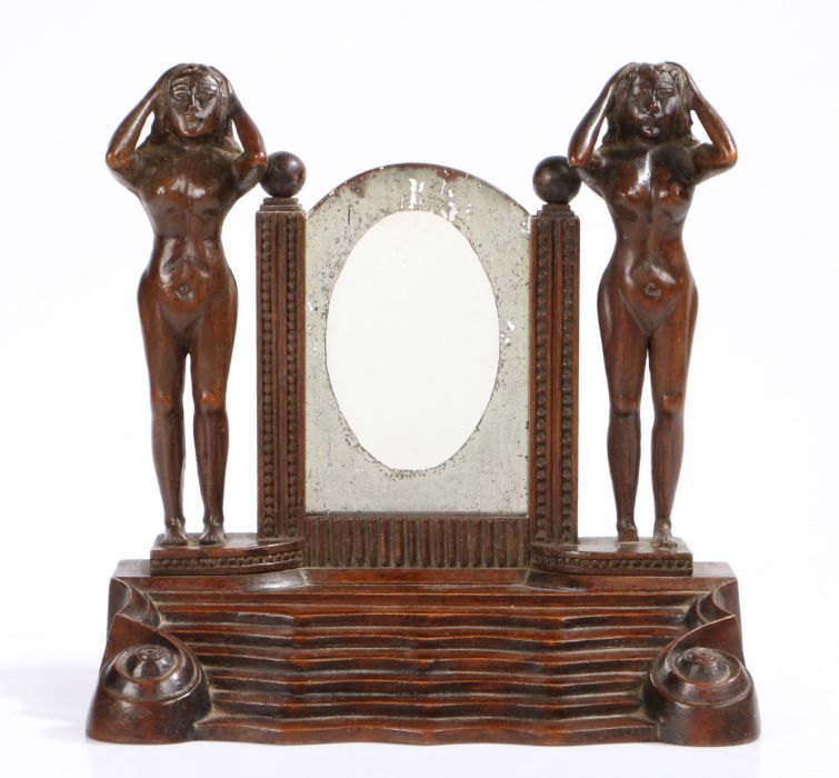 An unusual 19th Century walnut photograph frame stand, possibly American, of architectural form with