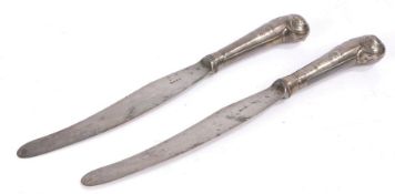 A pair of George III knives, with silver foil pistol grips and a steel blades signed LONG, 27cm