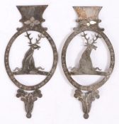 Two George III period white metal straps/book clasps, with a crest featuring a horned stag, 16cm