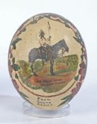 Boer War/ South Africa Military interest, a painted Ostrich egg with a 4th Royal Irish Dragoon Guard