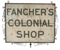 19th Century American trade sign, FANCHER’S COLONIAL SHOP, with a wriggle work metal edge and