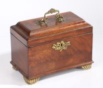 George III mahogany and brass tea caddy, with a shell and scroll handle above the cushion moulded