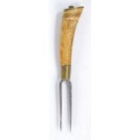 An early 18th Century dated two prong fork, the steel two prong fork with a decorated antler