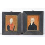 Pair of 19th century naïve pictures, circa 1836, of an austere lady and gentleman in portrait, the
