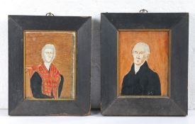 Pair of 19th century naïve pictures, circa 1836, of an austere lady and gentleman in portrait, the