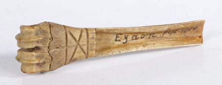A Victorian mutton bone apple corer, with the text Eydon Sept 1900, possible Boer War related, 13.