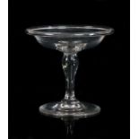 A 19th Century glass patch stand, of small proportions, the dished top with folded edge above a