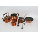 Collection of 19th century copper, to include a kettle, jug, side pouring jug, tea caddy, bowl/