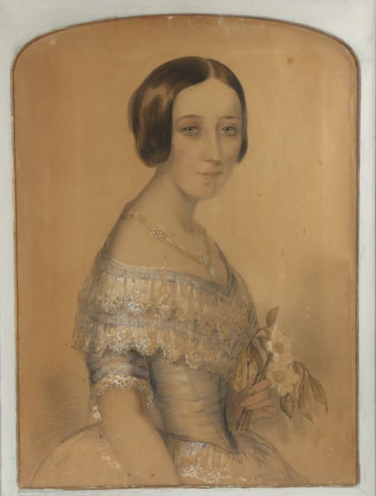 (19th century) portrait of a lady signed (indistinctly, lower right) charcoal, watercolour and