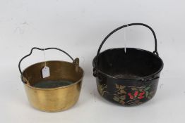 Brass and iron handled preserve pan, and a toleware style preserve pan with painted decoration (2)