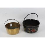 Brass and iron handled preserve pan, and a toleware style preserve pan with painted decoration (2)