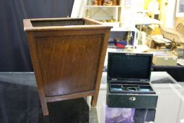Wooden square waste paper bin, together with a green leather jewellery box (2)