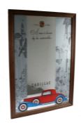 Cadillac advertising mirror, with an Art Deco design of figures and a red and blue Cadillac to the