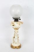 19th century Moore & Co porcelain oil lamp, with a opaque shade above a white porcelain reservoir