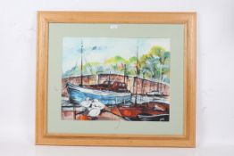 Reg Snook (20th century) study of boats, housed within a oak and glazed frame, 53cm by 40cm