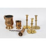 Collection of various items to include a set of three 19th century brass dwarf candlesticks, two
