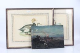 07.03.23-TRANSFERRED TO  HOLT Pair coloured etchings of ducks together with a unframed oil on