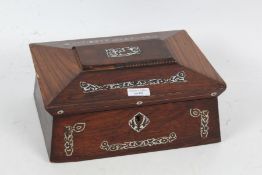 Victorian rosewood and mother of pearl sewing box of sarcofagus form, the box inlaid with mother