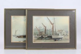 Pair of J.A. Hutchinson watercolours of sailing boats, "Thames Barges - River Orwell & Old and New -
