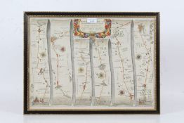 John Ogilby - The road from Huntingdon to Ipswich, engraved and hand-coloured strip map, dated 1675,