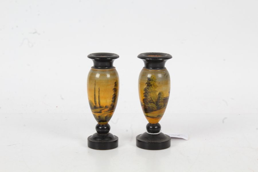 Pair of 19th Century spa painted wood vases, 13cm high