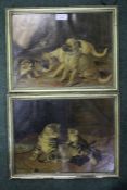 Pair of indistinctly signed oil on boards depicting cats and dogs, 30cm by 22.5cm, housed within