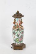 Cantonese porcelain vase, set on a gilt base and with a gilt lid (converted to a lamp), 28cm high