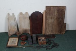 Collection of mixed works of art and items, to include a shove ha'penny board, a brass fishing gaff,