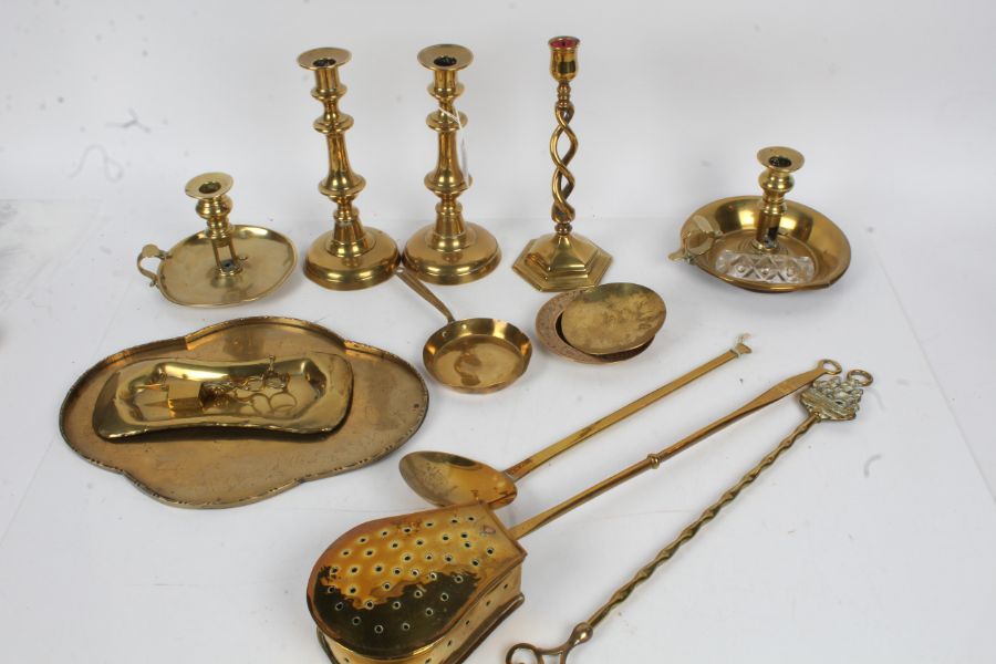 Collection of 19th century and later brass, to include a pair of candlesticks, chestnut roaster,