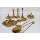 Collection of 19th century and later brass, to include a pair of candlesticks, chestnut roaster,