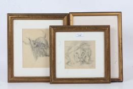 Pamela Godley (20th century) Three pencil sketches one depicting Highland Cattle, Lion and the other