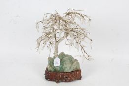 Chinese table lamp, in the form of a tree, with green hardstone base and hardwood plinth, with glass