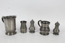 Collection of various pewter items to include measures and pepperettes, some baring various marks