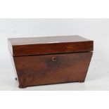 Large early Victorian flame mahogany tea caddy, with a rectangular top opening to reveal three