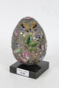 Enameled white metal egg, decorated with multi-coloured enameled butterfly's, possibly Russian,