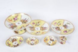 Assorted Dresden/Augustus Rex yellow ground porcelain, to include comport and two plates (8)