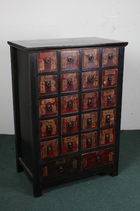 20th century Chinese painted multi drawer chest, fitted twenty small and two larger drawers below,