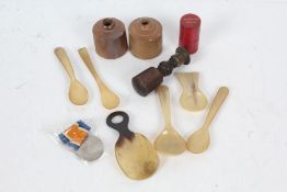 Collection of various items, to include a Defence Medal, two stoneware ink bottles, horn spoons,