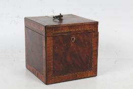 George III Tulipwood and mahogany cross banded tea caddy of cube form, the lid opening to reveal a