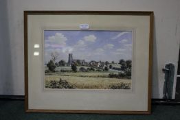 Eric Scott, landscape study of a church to the far ground, signed watercolour, framed and glazed