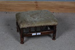 19th/20th century oak and upholstered foot stool, with turned supports and plain stretchers, 35cm