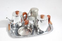 Modern design metal tea set, comprising tray, two pots, cream jug, sugar bowl and a tankard etc. (
