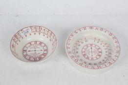 Adams Ironstone child's dish and bowl, decorated in red with upper and lower case alphabets,