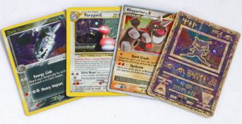 Four Holo Pokemon cards, to include Dark Steelix 10/109, Ancient Mew, Rhyperior DP29, and Porygon2
