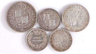 Victoria, to include a Halfcrown 1888, One Florin 1899, One shilling coins 1895, 1887 and 1877, (5)