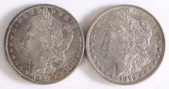 USA, Two Dollars, Morgan Dollar 1882 and seven tail feathers 1879,(2)